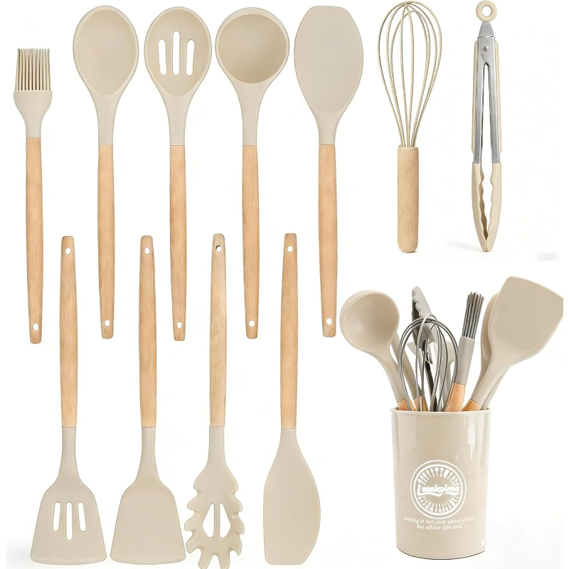 Wooden Handle Silicone Kitchen - Home Cooking Utensil Set 评论和价格